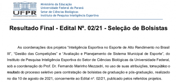 Resultado Final – Edital N. 02/21 – Seleção de Bolsistas (Atualizado)