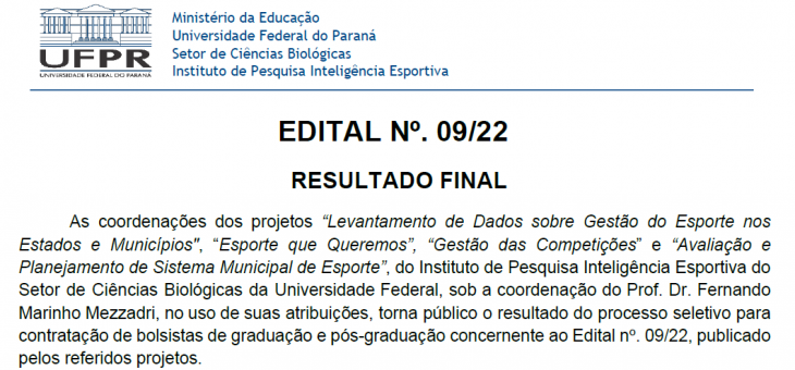 EDITAL Nº 09/22 – RESULTADO FINAL